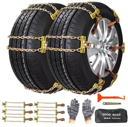 Oziral Schneeketten 6 Stück reifen ketten verstellbare Ketten robuste Schneeketten mit Kunststoff-Schneeschaufel und Handschuhen langlebige Reifen-Schneeketten für Autos LKWs SUVs Breite 165–265 mm