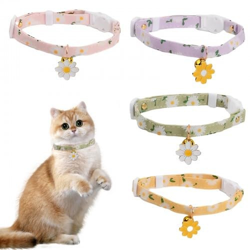 Collar de gatito con campana, 4 piezas ajustable, 18-30 cm. Collar de gato antiestrangulamiento, estilo flor linda. Un collar decorativo para gatos de moda