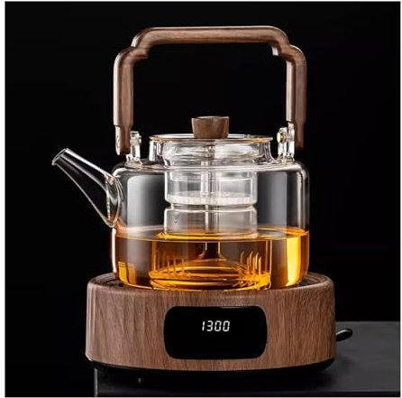 théières Poêle à poterie électrique en bois de noyer, théière en verre, bouilloire bouillante de grande capacité, petit ensemble de poêle à thé électrique à la vapeur Pot de transport latéral