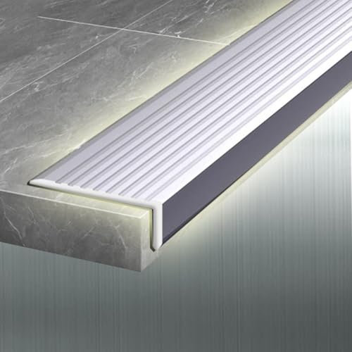 QSPNVFB Metall Treppenkantenprofil rutschfeste Kantenschutzprofil, L-Profil Boden Trennstreifen， Selbstklebend Winkelprofil Übergangsleiste Boden Stufen(Silver,1p x W 5cm)