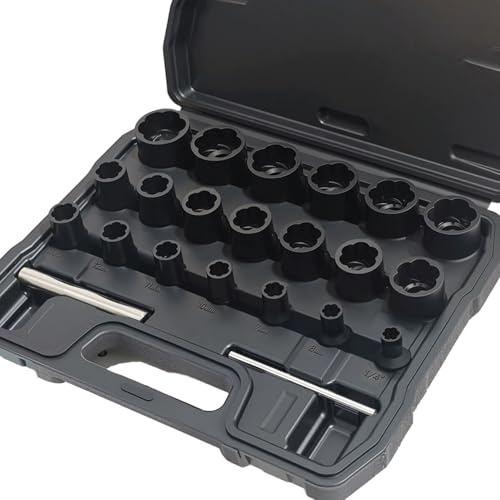 22pcs Bolt Nut Extractor Set Metric 8-27mm Impact Lug Removal Tool 1/2 and 3/8 Drive Wheel Lock Removal Kit for Extracting Damaged, Stripped Frozen Nuts & Screws Twist Socket Set