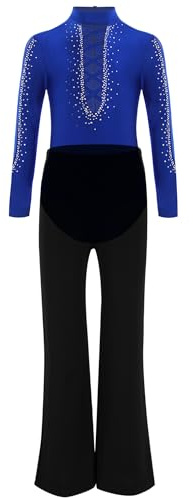 ranrann Camicia da Ballo Bambino con Strass Body Danza Classica Ragazzo Pantaloni Vita Alta per Latino Samba Rumba Balletto Tuta Pattinaggio Artistico Dancewear Blu 5-6 anni