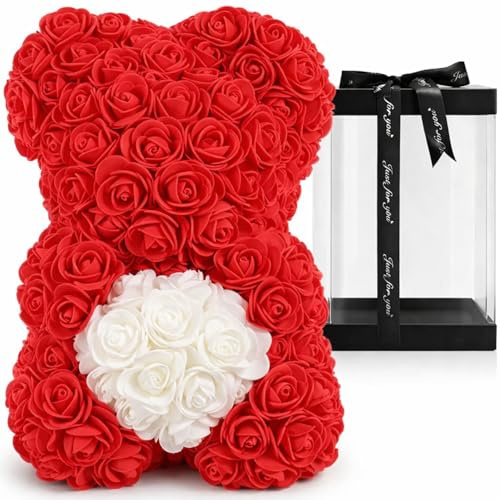 PALUPLUS Orsetto di Rose Rosse con Cuore Bianco, Misura 17x17x25 cm, Scatola Regalo Trasparente da Montare, Orso per San Valentino, Anniversario, Compleanno -034M