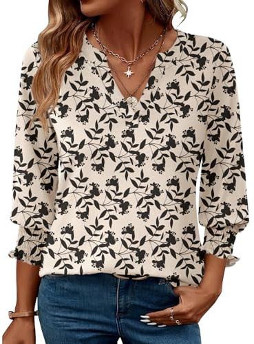 Rapbin Damen Bluse 3/4 Arm V-Ausschnitt Sommer Tunika Locker Elegant Top