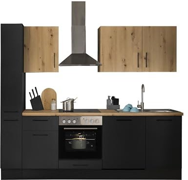 Stella Trading Turin Z Küchenzeile 250 x 211 x 60 cm, schwarz - Ohne Küchengeräte - Moderne, geräumige Küche in Artisan-Eiche Optik mit viel Stauraum