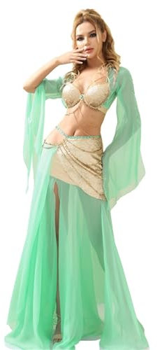 ZGXNYI Frauen Bauchtanz Langes Kleid Grünes Bauchtanz-Kostüm for Damen, Bauchtänzerin, BH und Rock, Pailletten-Bauchtanzkleidung, Karnevals-Outfit, Bauchtanz-Outfits Tanz Chiffon Langer Rock(M)