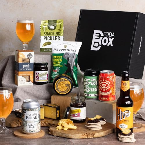 Ultimate Beer & Cheese Hamper, 9 Items: 4 Beers, Cheese, Crisps & More | 4 Craft Beers 330ml, Pale Ales, IPA, Amber Beer, Cheddar Cheese, Crisps, Crackers & Marmalade, Gift Hampers by FodaBox