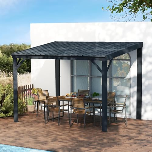 Domi Wandmontierter Pavillon, 3 x 3,6 m, Terrassenüberdachung mit eingebautem Entwässerungssystem, verzinktem Stahldach, Hardtop-Terrassenunterstand für Deck, Veranda, Hinterhof und mehr, Grau