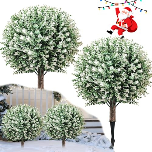 YUGYUM Set of 2 Artificial Christmas Tree Outdoor, 62cm Fake Xmas Topiary Porch Tree with Spikes,Faux Boxwood Plants for Entrance Urn Filler Ouside Planters Wedding Home Office Garden,White