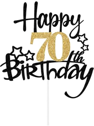 LIANRISES Happy 70th Birthday Cake Topper for Men and Women, Glitter Black and Golden
