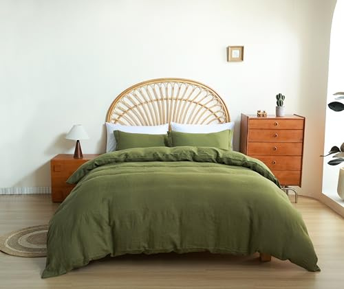 AORISSI 100% French Flax Linen Duvet Cover Set, Twin Size 68''x86'' 2 Pcs with 4 Corner Ties and Button Closure, Soft and Breathable for All Season(Olive Green, Twin)