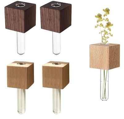 4 Stück Magnetic Wooden Vase Holder Magnetischer Holz Reagenzglashalter mit Glasröhrchen Mini Glass Test Tube Fridge Magnet Moderne Blumenvase für Kühlschrank und Wand Dekorative Flower Aufbewahrung