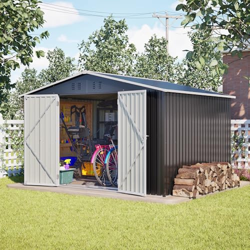 Gegtuon Metall Gerätehaus 289x239x191 cm, Geräteschuppen Gartenhaus | Mit Satteldach, Gartenschrank mit 2 Türen & Stauraum, Wetterfest Outdoor Schuppen Gartenschuppen für Garten Terrasse, Schwarz