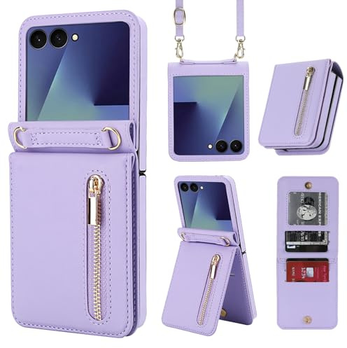 ZHOZEXIN Étui pour Samsung Z Flip 7 avec Support, étui à Rabat élégant en Cuir PU, étui Portefeuille zippé, Emplacement pour Cartes,Protection d'écran,Coque pour Galaxy Z Flip 7 (Violet)