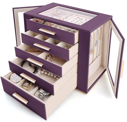 Homeanda Large Jewellery Organiser Box for Women - 5 Layer PU Leather Storage Case with Clear View Window, Holds Rings, Earrings, Necklaces, Bracelets & Watches - Elegant Vanity Display Case (Purple)