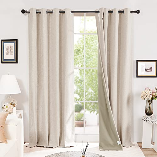 Deconovo 100% Blackout Curtains Soft Faux Linen Thermal Insulated Eyelet Long Curtains for Living Room, Pale Khaki, W52 x L95 Inch One Pair