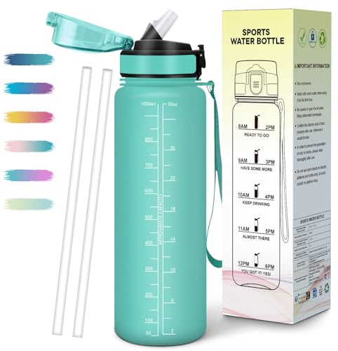 Mulbijeo Borraccia 1 Litro, Libre de BPA & Reutilizables, Borracce con Cannuccia, A Prova di Perdita, Borraccia Motivazionale, Portatile, Borracce Palestra per Scuola, Palestra, Ufficio, Festa