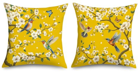 Joymaison Spring Summer Yellow Floral Bird Cushion Covers 45 x 45 Pack of 2 Vintage Chinoiserie Flowers Branch Hummingbird Square Throw Pillow Case Decorative Sofa Cushion with Invisible Zipper