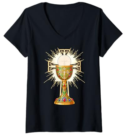 Femme Calice pour l'Eucharistie de Messe Catholique Première Communion T-Shirt avec Col en V