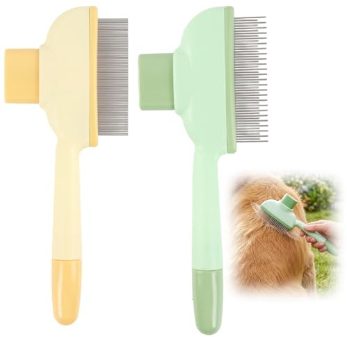 Cepillo auto-limpiable para perros y gatos – Peine con botón elimina pelo muerto – Dientes acero inoxidable – Para pelo largo y subpelo – Lote de 2