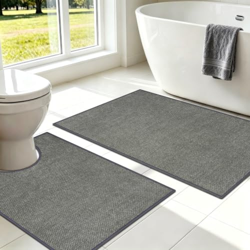 Famibay 2 Piece Bath Mat Set, Non Slip Bathroom Rug Washable, Water Absorbent Bath Mats Toilet Mat for Bathroom Floor, Grey