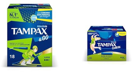 TAMPAX&GO Super + TAMPAX COMPAK Super, 42 assorbenti interni, scopri il TAMPAX perfetto per te, senza coloranti nè profumi, cordino protettivo antiperdita