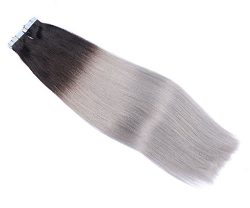 Tape In - On Hair Extensions - # 1B/SILVER OMBRE - 70cm - 60 Tressen je 4cm Breit / 2,5g - 100% Remy Echthaar Haarverlängerung/Extention mit Klebeband Tressen by NOVON Hair Extentions
