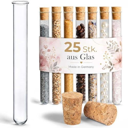 Tuuters 25 Stück Glas Reagenzgläser mit Korken und Bördelrand 100 x Ø 16mm | Reagenzglas mit Rand für Blumen, Floristik, als Vaseneinsatz, Tischdeko, Gastgeschenk oder Behälter für Saatgut, Badesalz