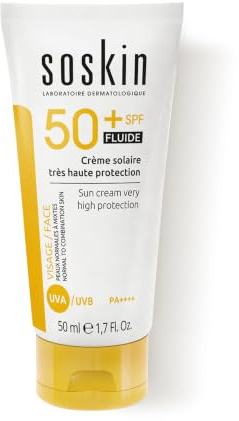 Soskin - Crème Solaire Haute Protection SPF50 Fluide - Protection UVA/UVB - Texture Légère pour Peaux Sensibles - Résistante à l’Eau - Fabriquée en France - 50ml