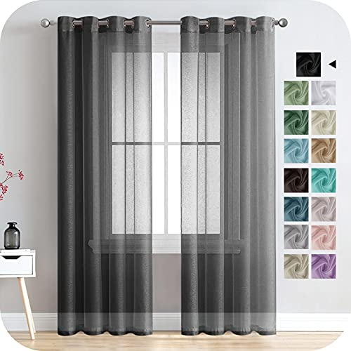 MRTREES Voile Curtains 88 Inch Drop 2 paneler Faux Linne Eyelet Sheer Curtain Panel för Sovrum Vardagsrum Patio Door 55x88 Inch Drop 140cm x 225cm Svart