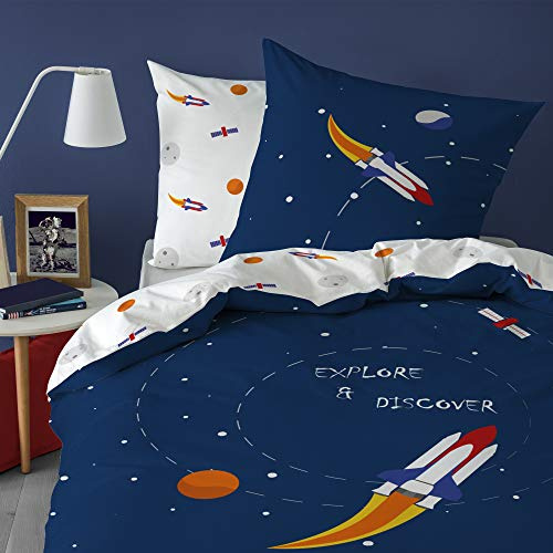 MATT & ROSE Parure de Lit Enfant Explore Space 140x200 cm | 100% Coton | Oeko-TEX | Housse de Couette 1 Personne 140x200 cm 1 Taie d'oreiller 63x63 cm Imprimés Réversibles | Bleu