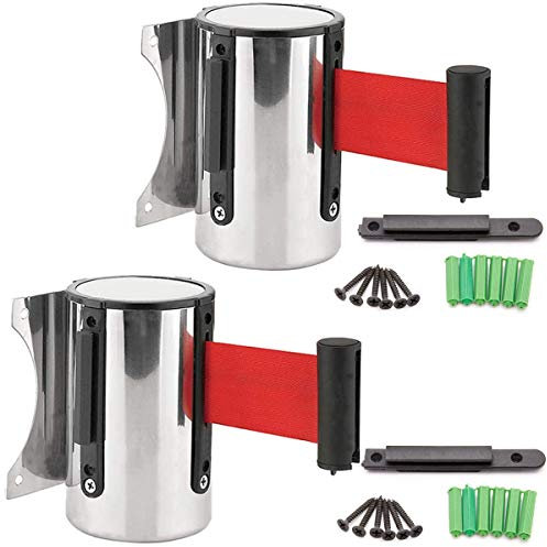 Wall Mounted Belt Security,Yueser 2pcs Stainless Steel Wall Mounted Belt Barrier Retractable Queue Rope Barrier Belt for Playground Park Hotel Crowd Control (3m,Red)