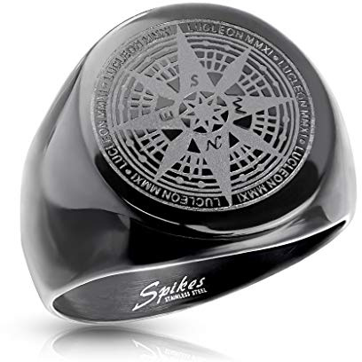 Paula & Fritz® Ring Herren Kompass 316L Chirurgenstahl Größe 62 (19,7) Silber-schwarz Herren-Ring Partnerring Ehering Siegelring Damenring Motivring