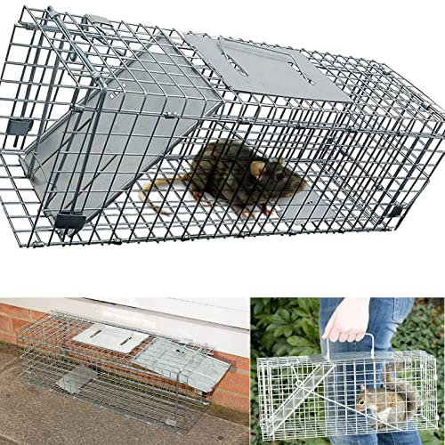 Large Wire Metal Cage Animal Trap, 24x7.5x8.3, Humane Live Squirrel Rat Cage Catcher, 1-Door No Poison Pest Control Trap Cage for Rabbits & Squirrels, Collapsible Design Easy Install