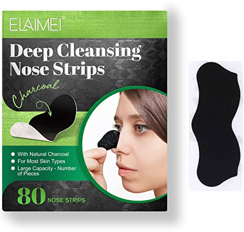 ELAIMEI Pore Strips, 80 Pcs, Natural Charcoal Blackhead Remover Strips for All Skin Types, Pore Deep Cleansing & Minimizing Nose Strips, Instant Unclogging