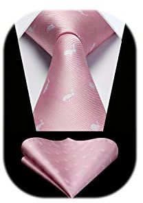 HISDERN Krawatte Rosa Herren Krawatten Kaninchen Muster mit Einstecktuch Krawatte Hochzeit und Taschentuch Set