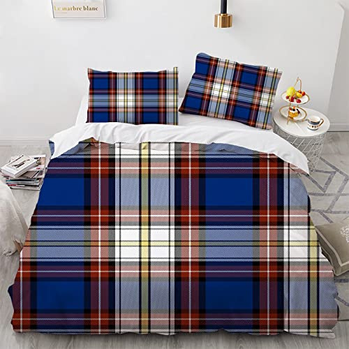 YURKO Housse De Couette Zippée A Carreaux Plaid Pas De Repassage Polyester Coton Housse De Couette 155X220 Enfant 155X220Cm avec 2 Taies d'oreiller 65X65Cm