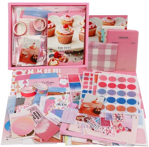 Irayin Vintage Scrapbook Zubehör Set, 155 Stück Bullet Journal Zubehör Set mit A6 Raster Notizbuch, Scrapbook Stickers, Reisebuch Geschenkset, DIY Geschenk für Mädchen Damen (Rosa)