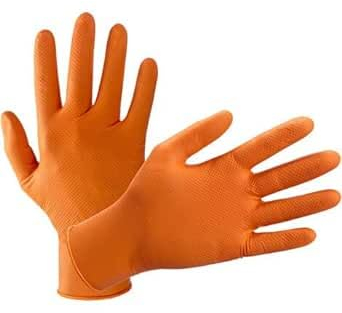 MONOUSALO Guantes desechables de nitrilo naranja sin polvo, 50 unidades, látex y talco con agarre de diamante, uso profesional, guantes desechables para ámbito técnico, industrial, alimentario, 8 g