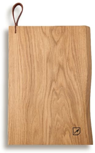 Grünschloss Schneidebrett Holz Eiche Massiv 40x24 cm - Schneidebrett groß 3cm Stark mit Leder Aufhänger - Einzigartig rustikale Holz Servierplatte Küche Holzbrett – Massives Küchenbrett rutschfest