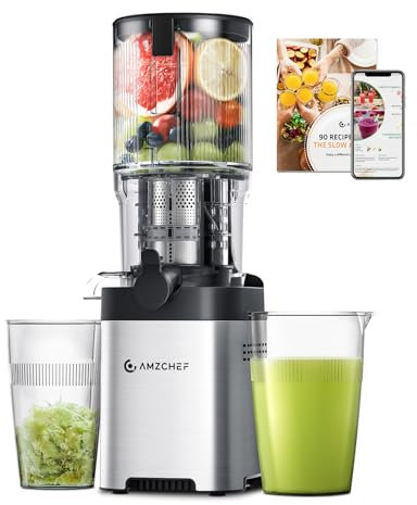 AMZCHEF Cold Press Juicer Machines, Slow Juicers with 142 MM Large Feed Chute for Whole Fruit and Vegetable, Durable Stainless Steel Juicer, Auto-cutting Auger, Triple Filter