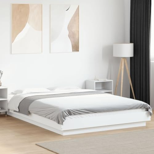 Faroom Holzbett Futonbett Bett 140x200 cm mit LED-Beleuchtung Bettrahmen Holzwerkstoff Einzelbett Doppelbett Bettgestell Weiß
