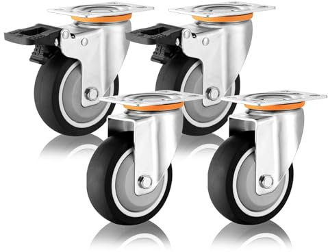 Schwerlastrollen 75mm 100mm 125mm Industrie Transport Plattenrollen 4er SET, 360°Drehbar Keine Spuren & Leise TPR Gummirollen Mit Bremse Lenkrollen, Für Trolleys Möbel Werkbank(Swivel+Brake,75mm/3)