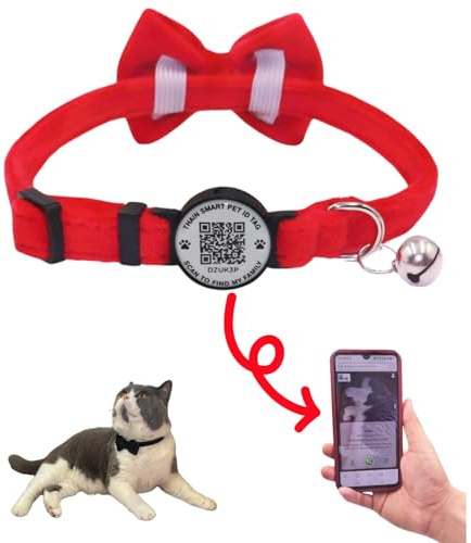 THAIN Personalisiertes Katzenhalsband mit Glöckchen und Fliege, QR-Code-Name, Smart-ID-Tag, Schnellverschluss, weich, bequem, Halsband für Katzen und Kätzchen, Rot