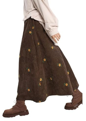 Falda larga de pana vintage para mujer, estilo Y2K, floral, acampanada, con cintura elástica, con volantes, Café, S