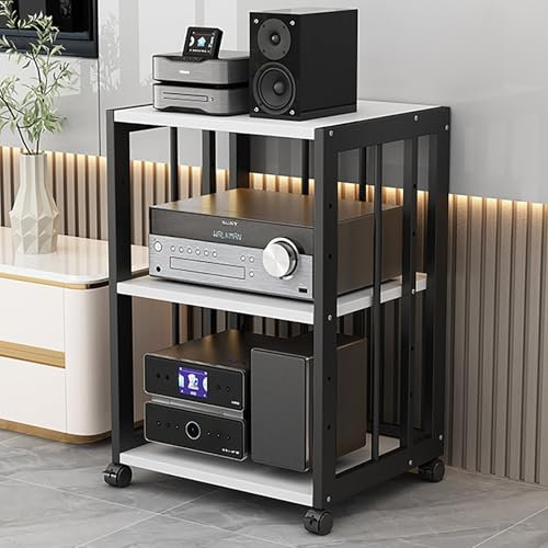 JIAOCKJIAO Audio Rack Hi Fi Regal, Beweglicher Phonoschrank, Record Player Stand mit Verstellbaren Regalen, Offener Plattenspieler Regal, mit Universalrad, Stahlrahmen(Black+White,4 Tier 50x40x89cm)