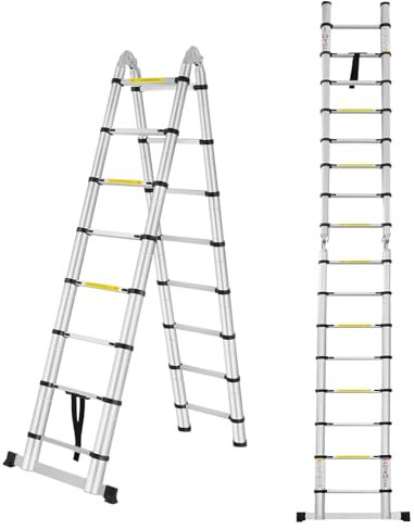 Mehrzweckleiter，Aluminium Teleskopleiter，Multifunktionsleiter,Ausziehbar Stehleiter，Teleskop Klappleiter，Ausziehleiter mit Abnehmbarem Rollen，Ausziehbare Haushaltsleiter für Garten Innen（2.5M+2.5M）