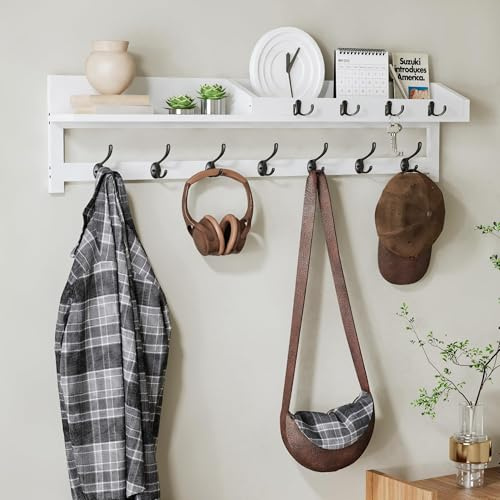 AMBIRD Wandgarderobe 89cm - Extralanger Wandkleiderhaken, Eingangsregal mit 7 Doppelkleiderhaken, Post-Organizer, Holz-Wandkleider haken (Weiß)