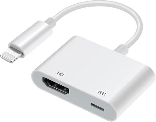 FIOUSY Lightning to HDMI Adapter for iPhone, Plug & Play, 1080P Screen Converter with Charging Port, Compatible with Projector/Monitor/TV, Lightning to HDMI (No Power Need)