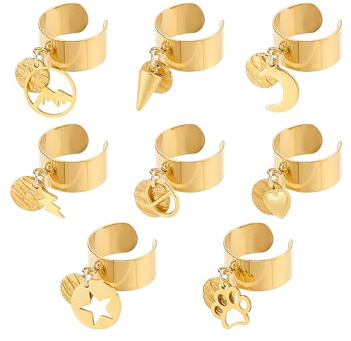 UNICRAFTALE 8Pcs 8 Styles Bagues Breloques Acier Inoxydable pour Femme Bagues Réglables avec Breloques Rondes Texture Mixte Bague avec Pendentifs Ouvertes pour Cadeaux de Noël du Nouvel An Bijoux